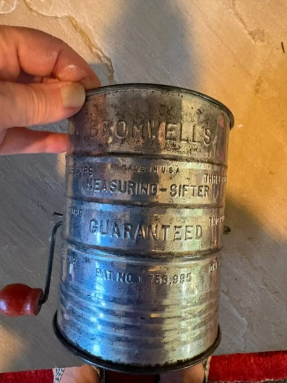 Antique Bromwell's Measuring Cup Flour Sifter Red Handle Farmhouse Rustic Decor